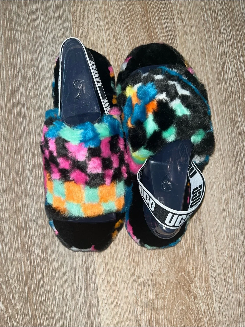 UGG  Multicolor Faux-Fur Slide Sandals - Pink, Teal, Orange, Yellow & Black